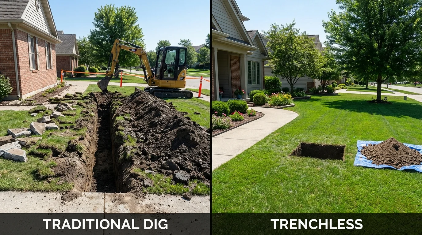 Trenchless sewer repair with minimal yard damage versus traditional excavation in Bushnell, IL