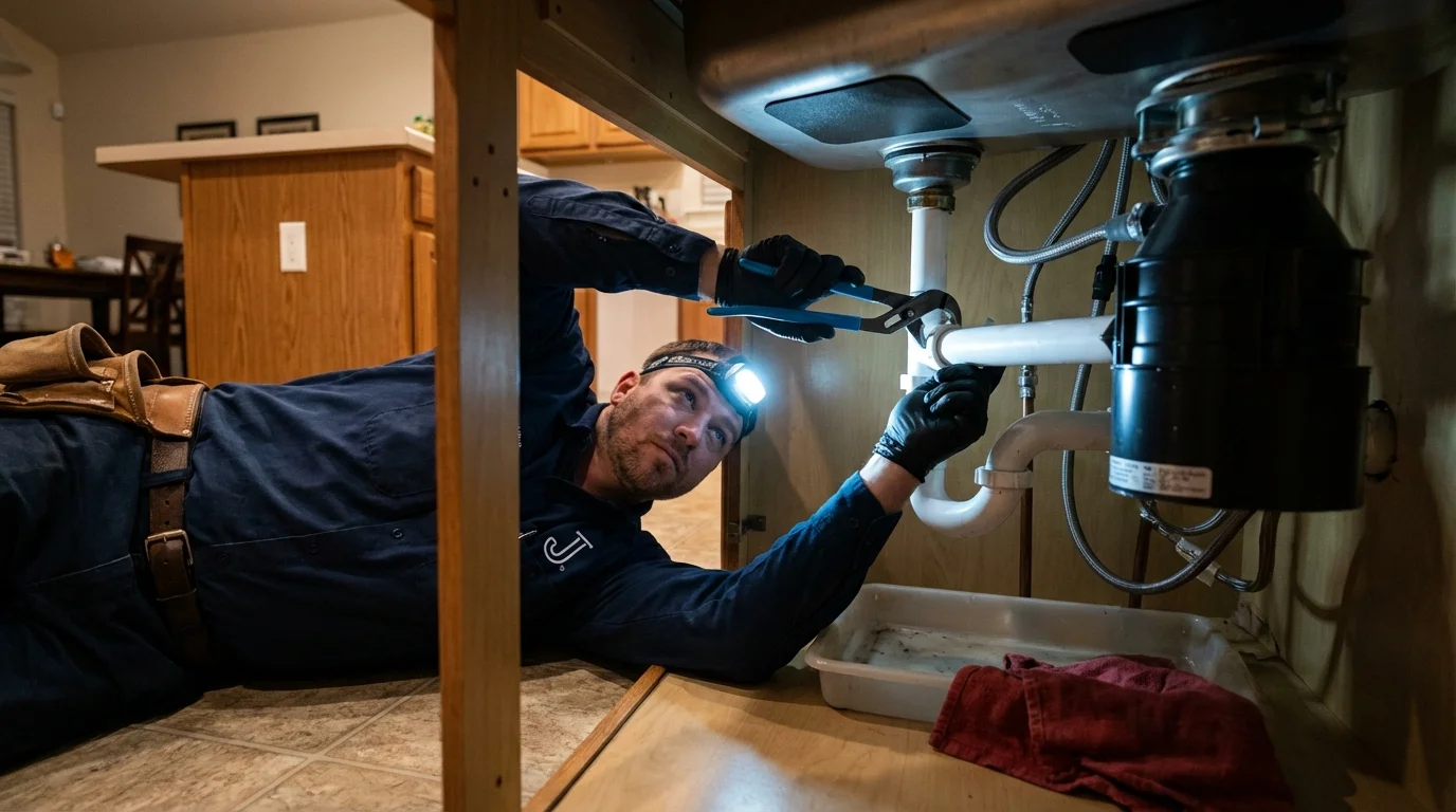 P-trap and supply line connections under a kitchen sink showing a common leak point in Bushnell, IL